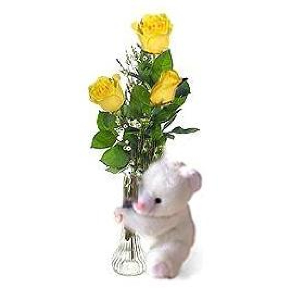 3 pcs yellow roses in a vase w/ bear