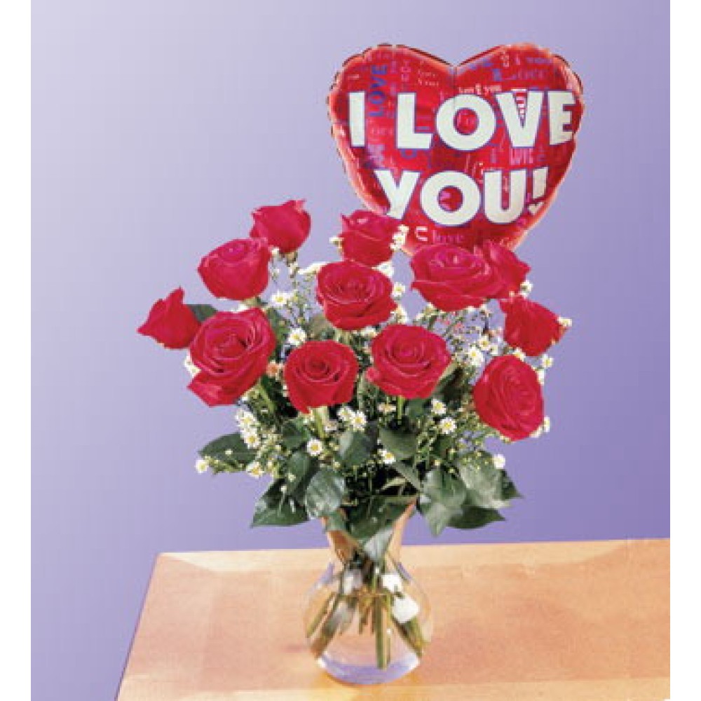  1 dozen Red Roses in a Vase with I Love You Balloon