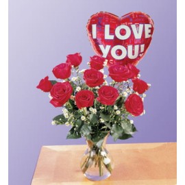  1 dozen Red Roses in a Vase with I Love You Balloon