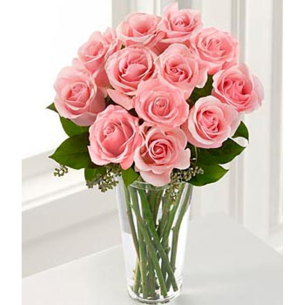 12 Long Stem Pink Rose Vase 