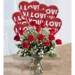 Roses in a Vase With 6 pcs I Love You Balloons