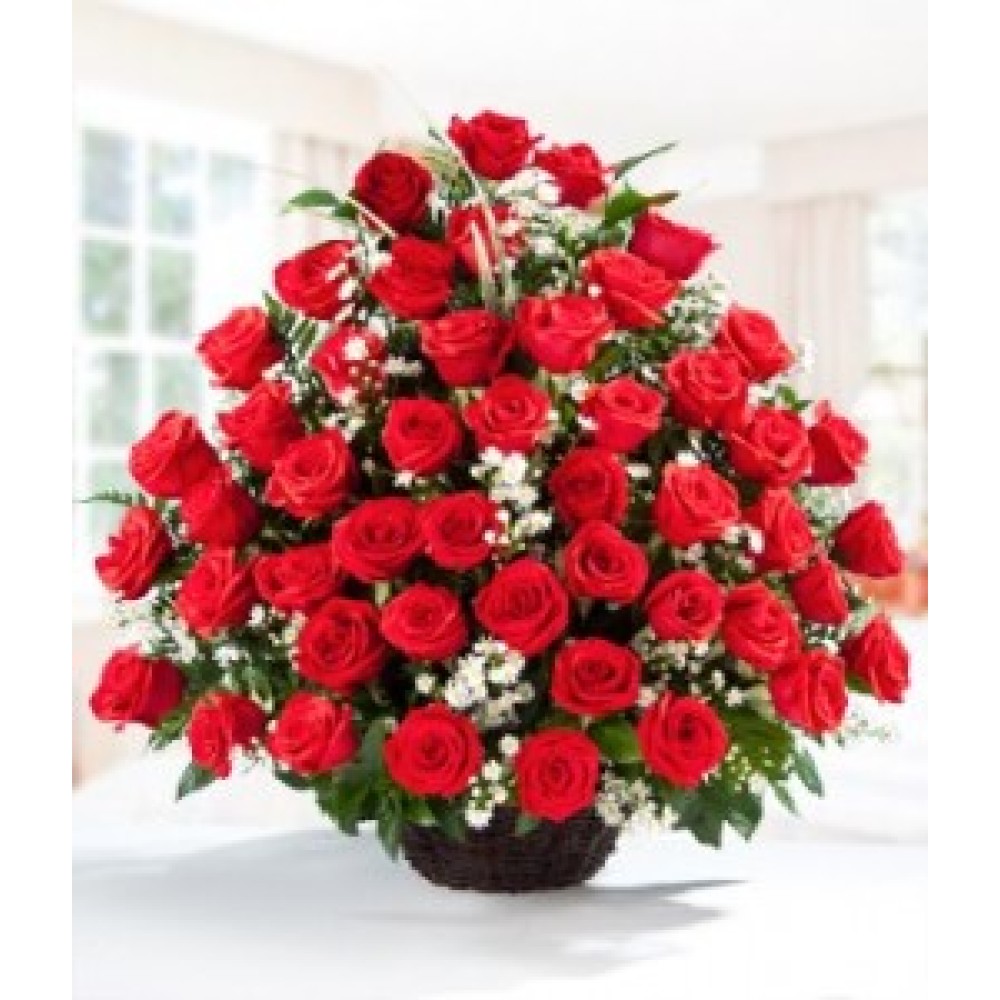 4 Dozen  Red Roses In Basket