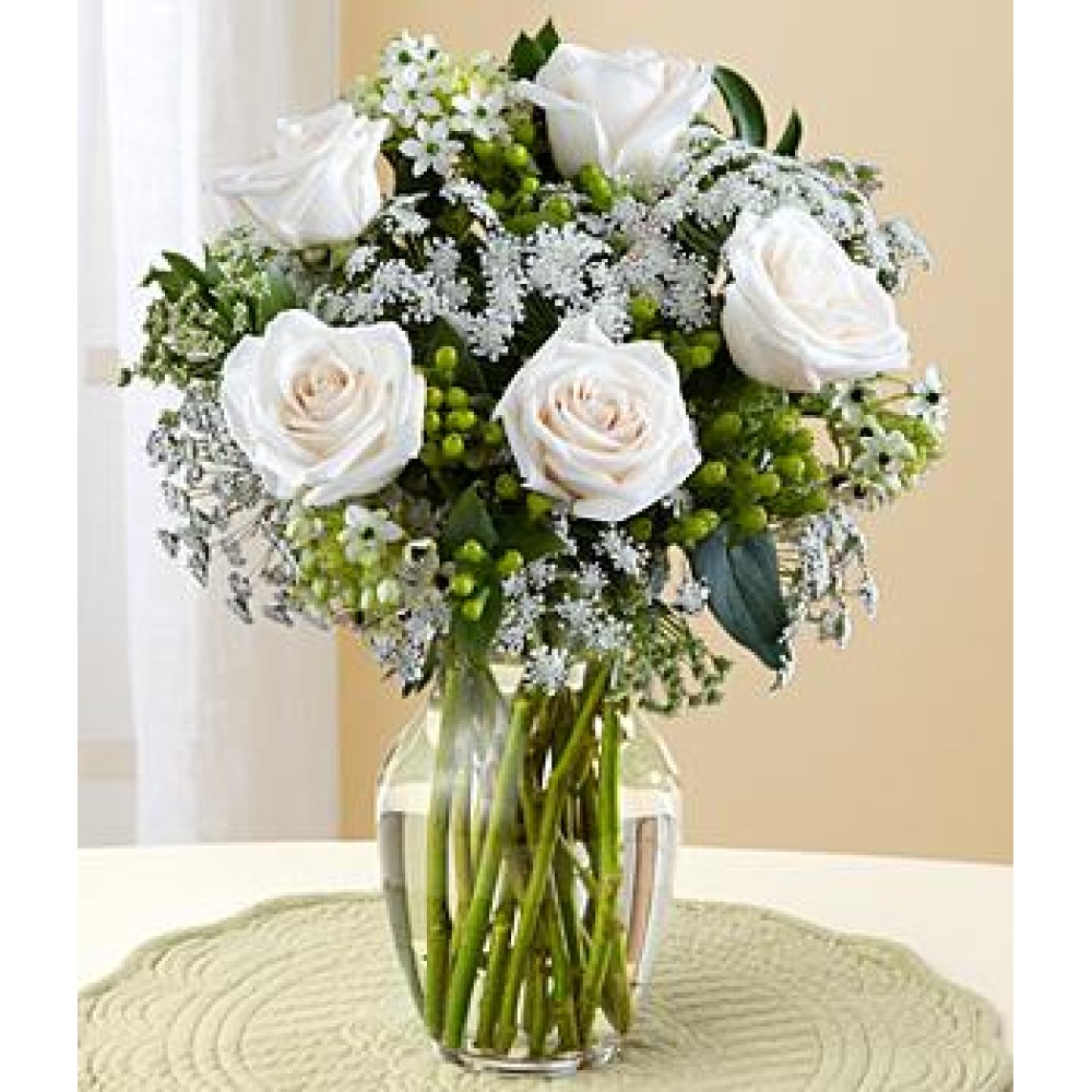 5 White Roses in Vase