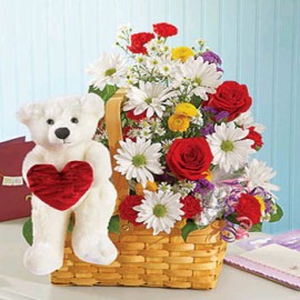 Mixed Flowers and  Bear with Heart