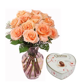 12 Peach Roses with  Belgian Chocolates