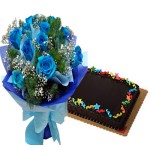 12 Sprayed Blue Roses with Chocolate Cake