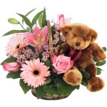 Pink Flowers with Teddy Bear